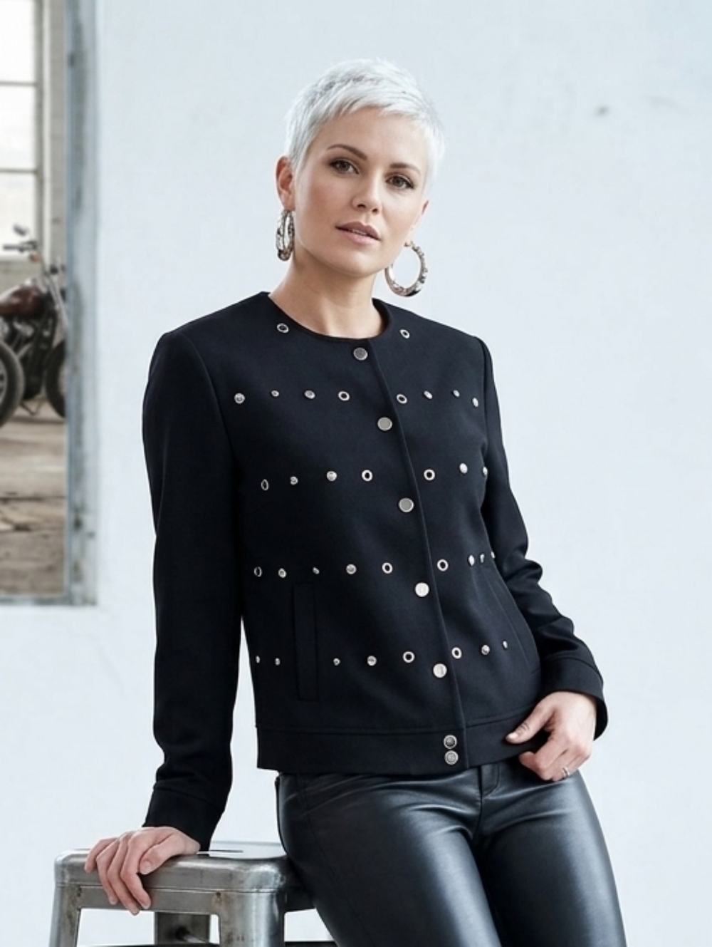 MASON By Suko🖤SILVER GROMET&Eyelet-Detail Women's Blazer/Jacket SNAP FRONT Sz S